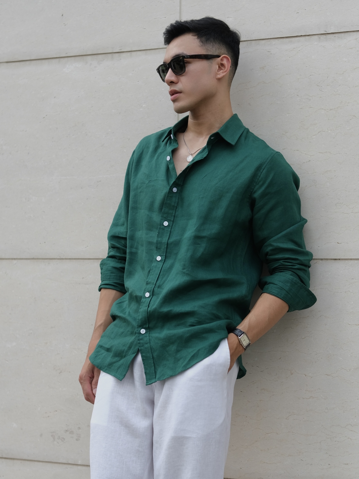 Áo sơmi nam linen cao cấp tay dài màu xanh thông
