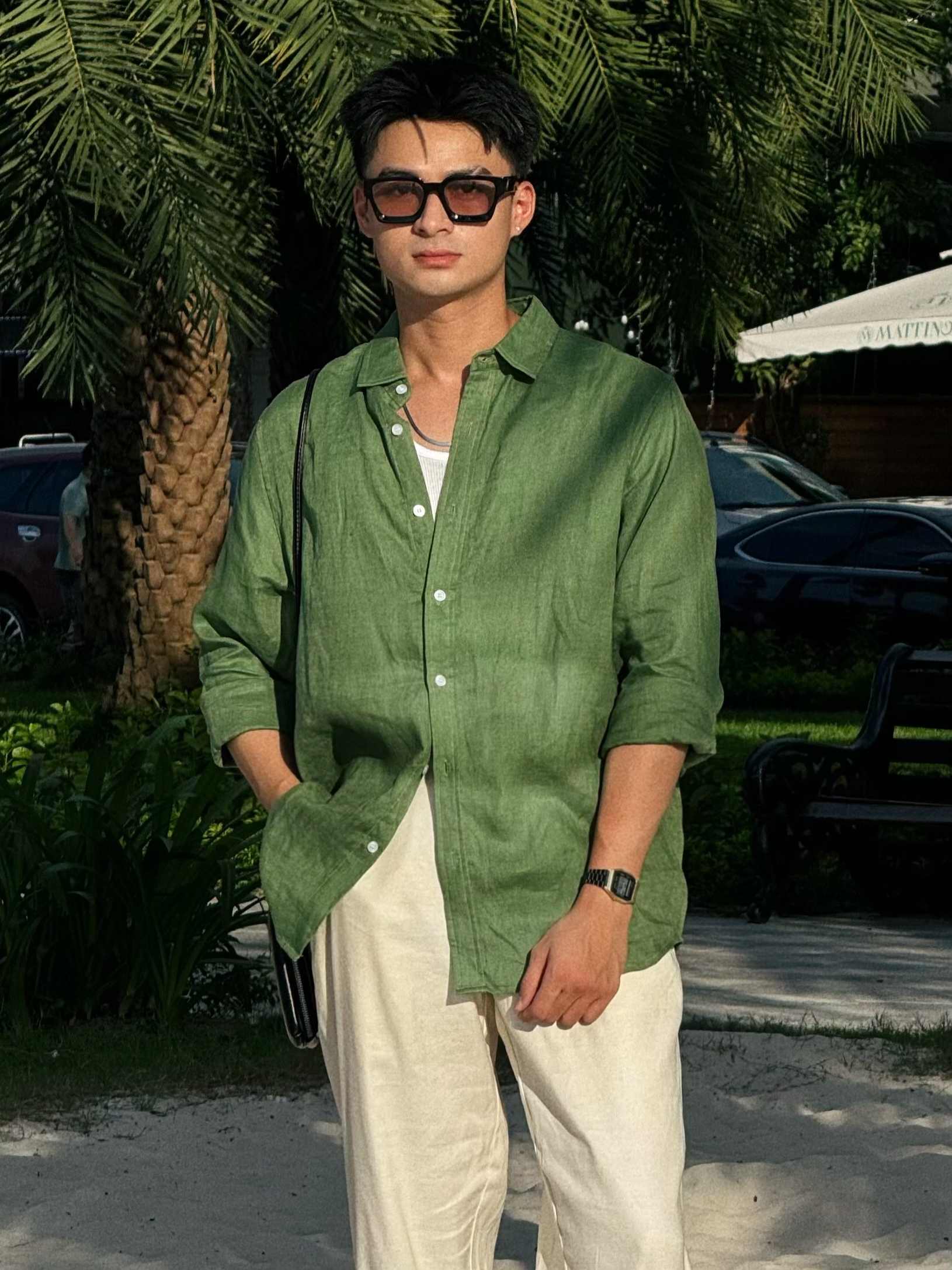 Áo sơmi nam linen cao cấp tay dài màu xanh thì là