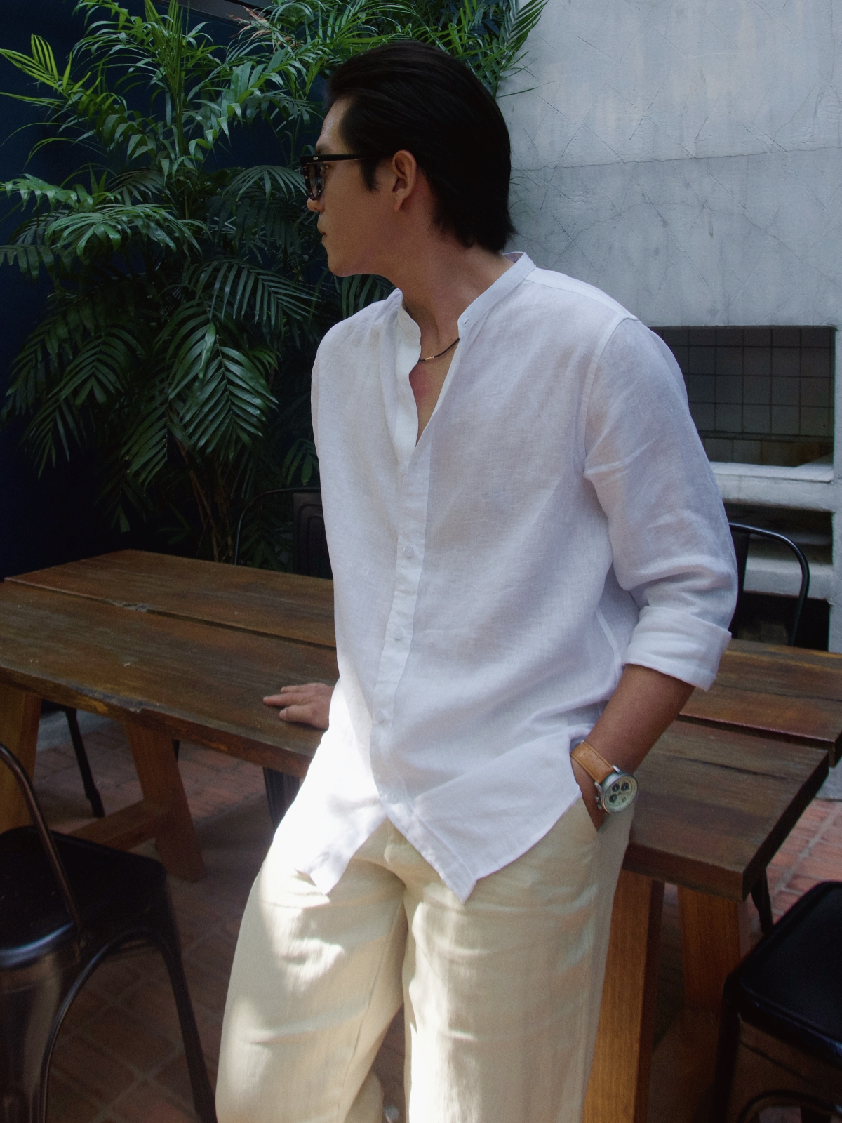 Áo sơmi nam cổ trụ linen cao cấp tay dài màu trắng